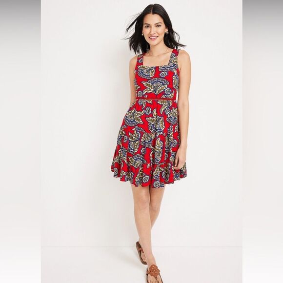Maurices  Skater Dress Red Floral Ruffle Hem Lattice Back Size Small Boho - Picture 2 of 9